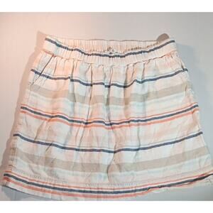 “Striped Linen-Cotton Mini Skirt Elastic Waist Pockets Summer Casual Sz 10